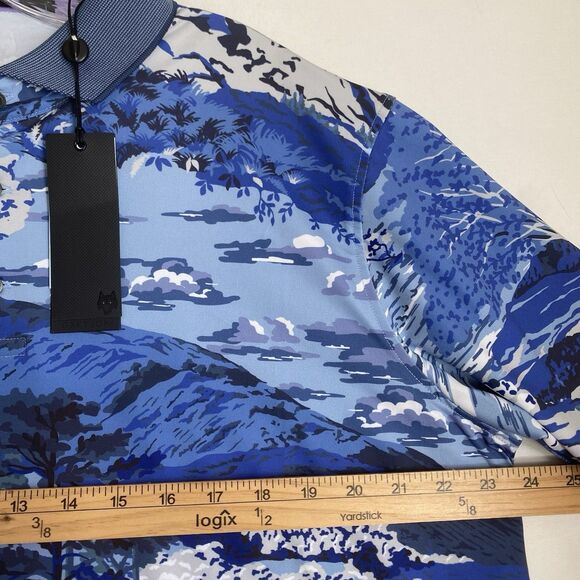 Greyson Polo Shirt Men L Blue Mountains Print Performance Golf Activewear Preppy - Picture 4 of 8